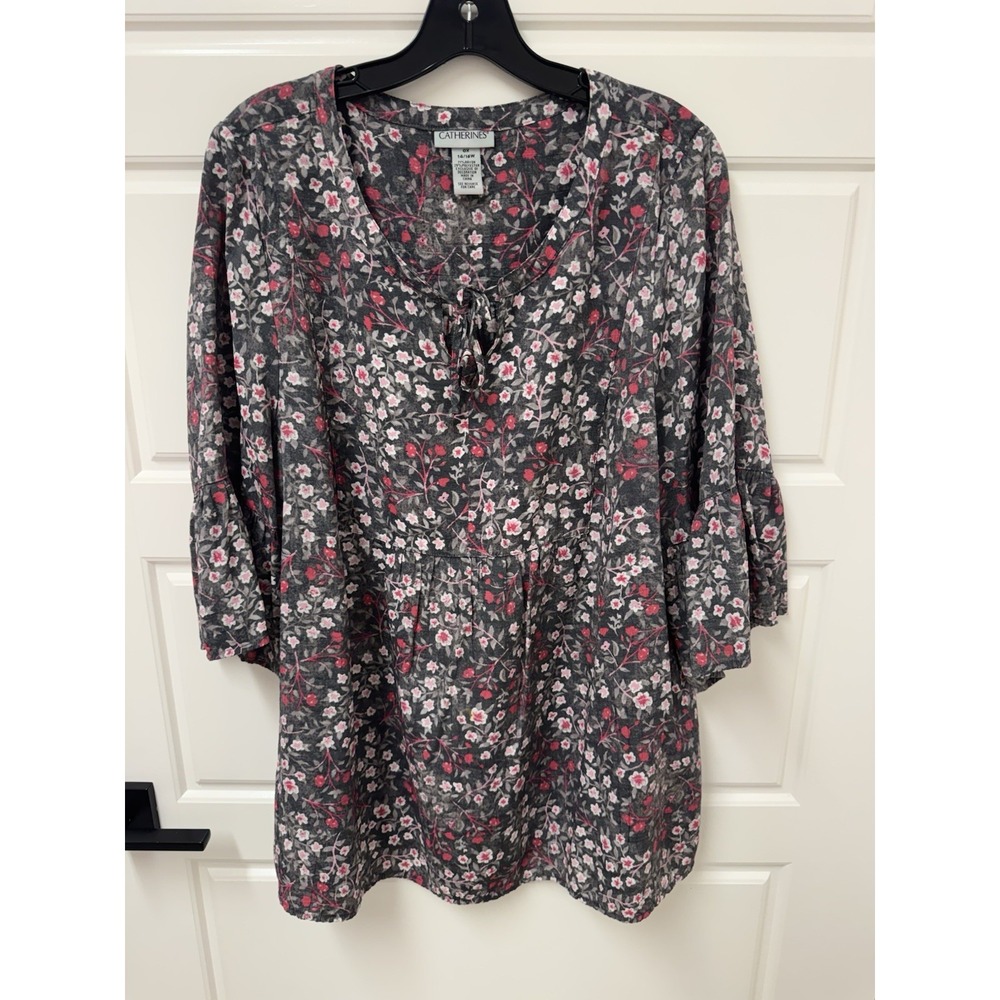 0X 14/16W Catherine's Tunic Top Blouse Tassel Tie Floral Nice! A8